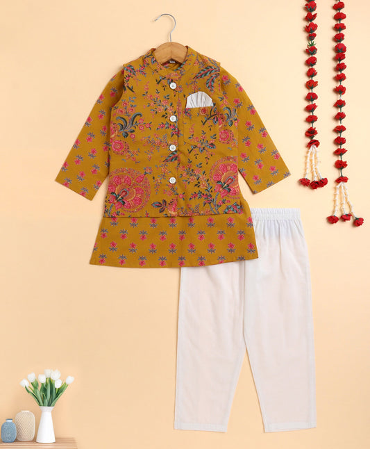 The Magic Wand Cambric Cotton woven Full Sleeves Floral Printed Kurta Pyjama With Modi Jacket - Mustard