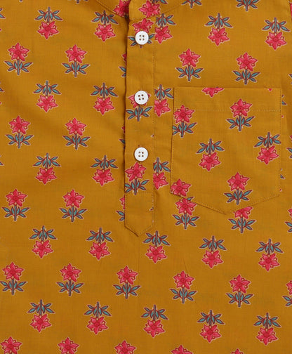 The Magic Wand Cambric Cotton woven Full Sleeves Floral Printed Kurta Pyjama With Modi Jacket - Mustard