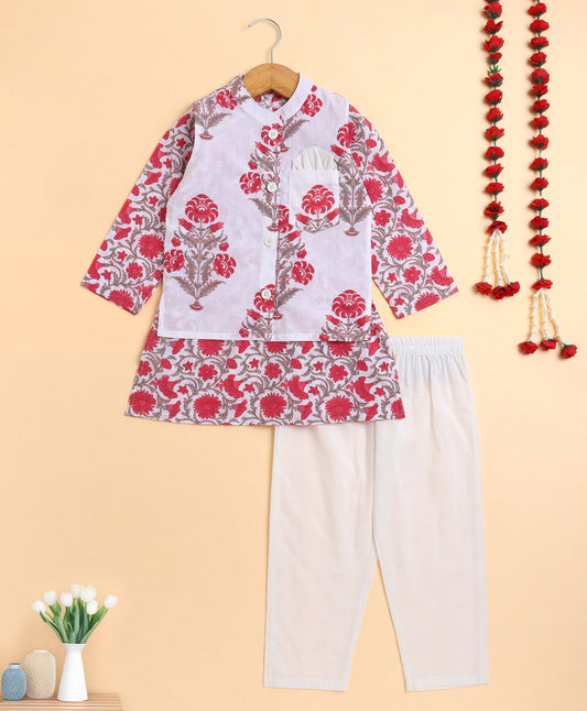 The Magic Wand Cambric Cotton woven Full Sleeves Floral Printed Kurta Pyjama With Modi Jacket - White