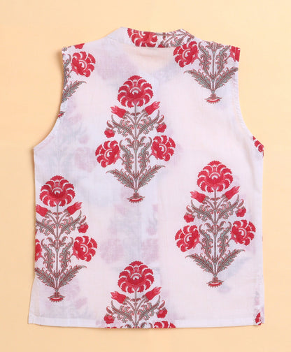 The Magic Wand Cambric Cotton woven Full Sleeves Floral Printed Kurta Pyjama With Modi Jacket - White