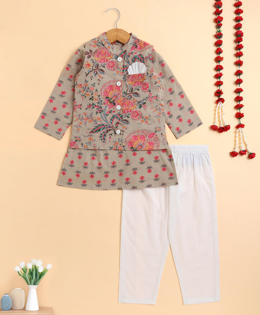 The Magic Wand Cambric Cotton Full Sleeves Floral Printed Kurta Pyjama Modi Jacket - Beige