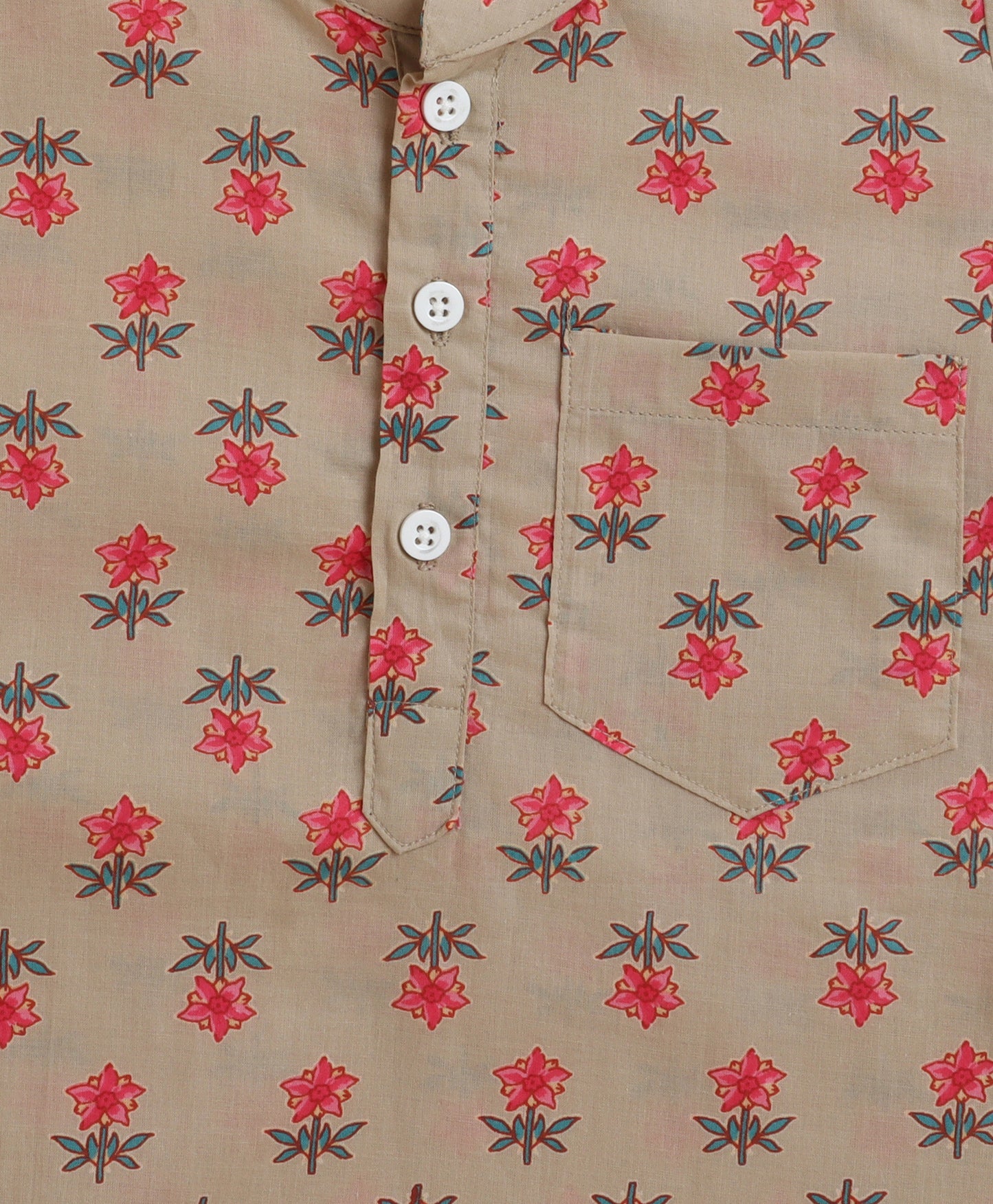 The Magic Wand Cambric Cotton Full Sleeves Floral Printed Kurta Pyjama Modi Jacket - Beige
