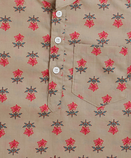 The Magic Wand Cambric Cotton Full Sleeves Floral Printed Kurta Pyjama Modi Jacket - Beige