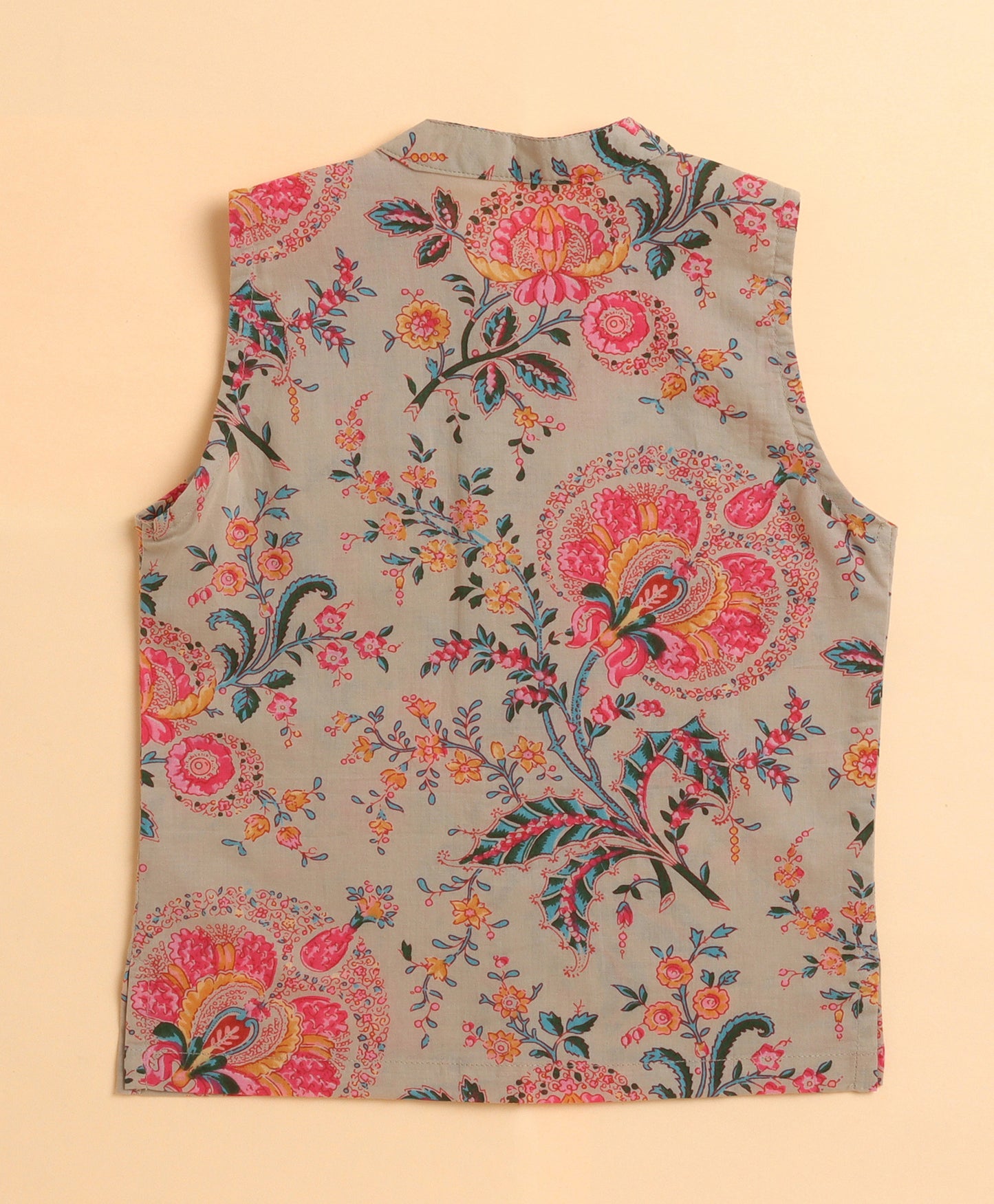 The Magic Wand Cambric Cotton Full Sleeves Floral Printed Kurta Pyjama Modi Jacket - Beige