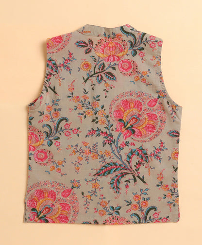 The Magic Wand Cambric Cotton Full Sleeves Floral Printed Kurta Pyjama Modi Jacket - Beige