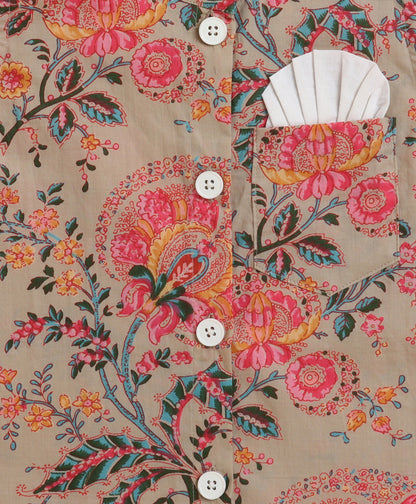 The Magic Wand Cambric Cotton Full Sleeves Floral Printed Kurta Pyjama Modi Jacket - Beige