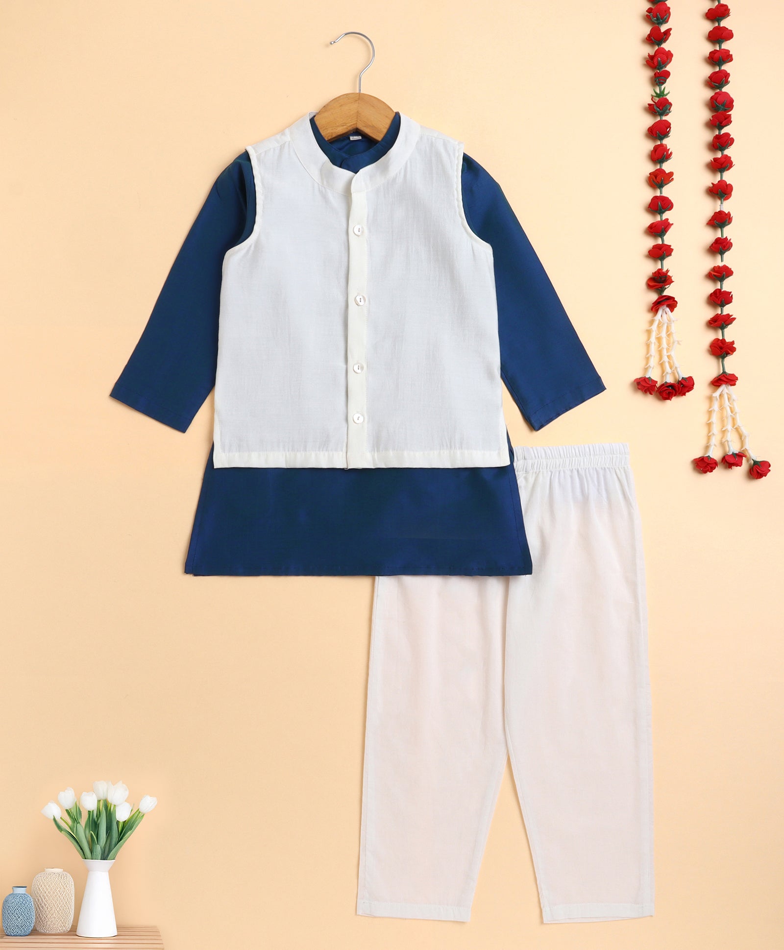 Cotton woven Blend Full Sleeves Kurta Pyjama With Modi Jacket -Navy Bl ...