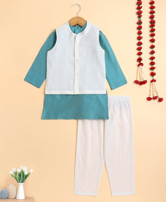 The Magic Wand Cotton woven Blend Full Sleeves  Kurta Pyjama With Modi Jacket - Aqua Blue