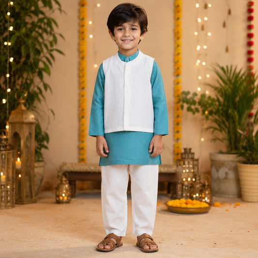 Cotton woven Blend Full Sleeves  Kurta Pyjama With Modi Jacket - Aqua Blue