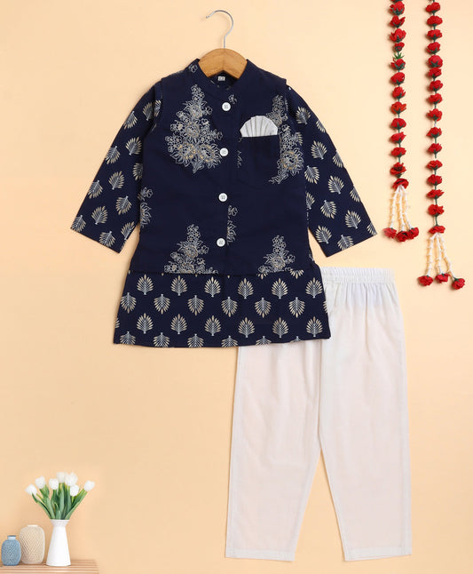 The Magic Wand Cambric Cotton woven Full Sleeves Printed Kurta Pyjama With Modi Jacket -Navy Blue