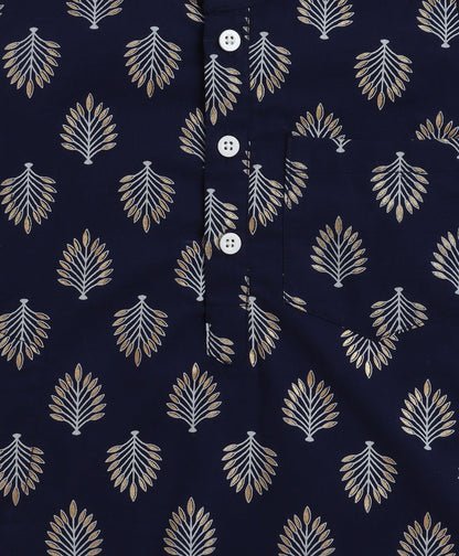 The Magic Wand Cambric Cotton woven Full Sleeves Printed Kurta Pyjama With Modi Jacket -Navy Blue