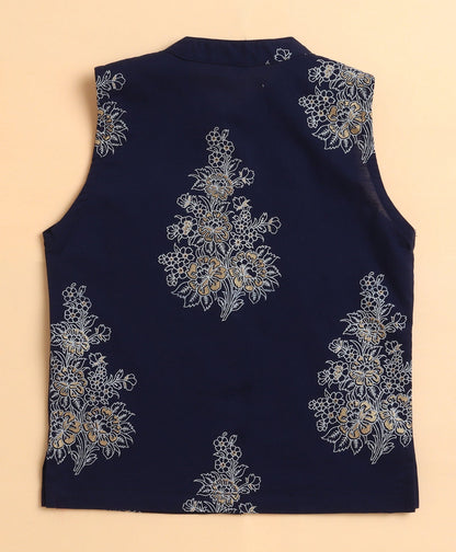 The Magic Wand Cambric Cotton woven Full Sleeves Printed Kurta Pyjama With Modi Jacket -Navy Blue