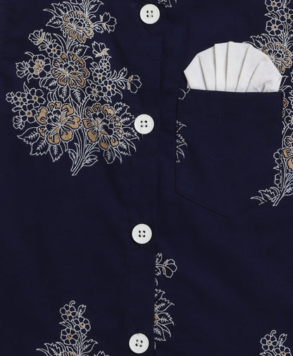 The Magic Wand Cambric Cotton woven Full Sleeves Printed Kurta Pyjama With Modi Jacket -Navy Blue