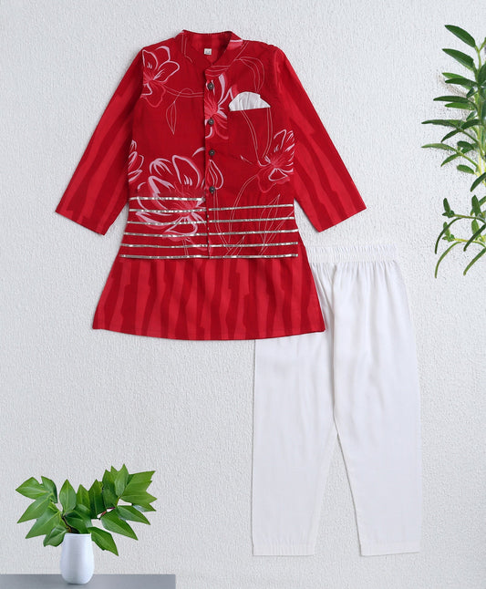 Cambric Cotton Full Sleeves Stripes Printed Kurta Pyjama With Lace Modi Jacket- Red