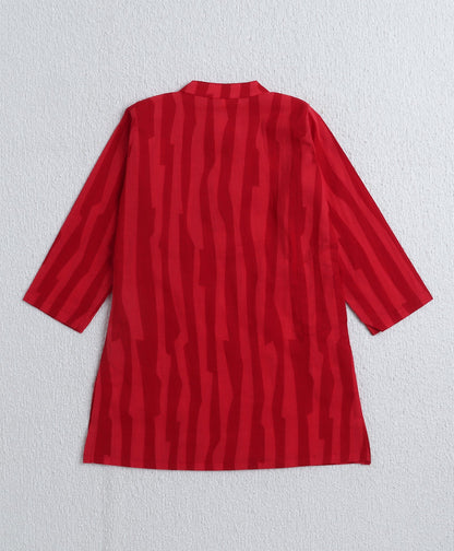 Cambric Cotton Full Sleeves Stripes Printed Kurta Pyjama With Lace Modi Jacket- Red