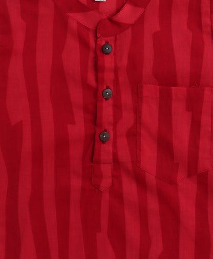 Cambric Cotton Full Sleeves Stripes Printed Kurta Pyjama With Lace Modi Jacket- Red
