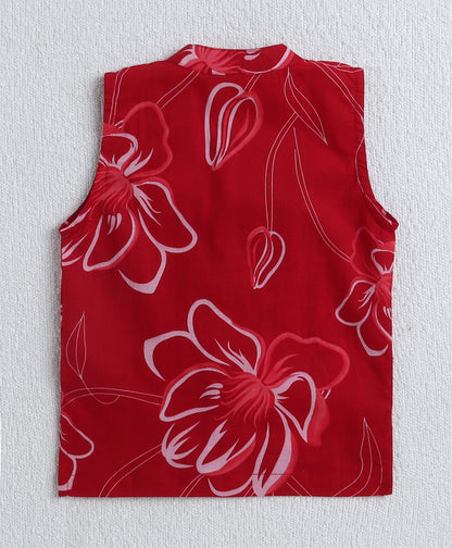 Cambric Cotton Full Sleeves Stripes Printed Kurta Pyjama With Lace Modi Jacket- Red