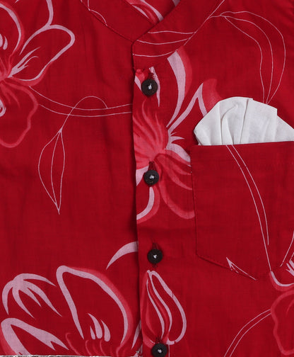 Cambric Cotton Full Sleeves Stripes Printed Kurta Pyjama With Lace Modi Jacket- Red