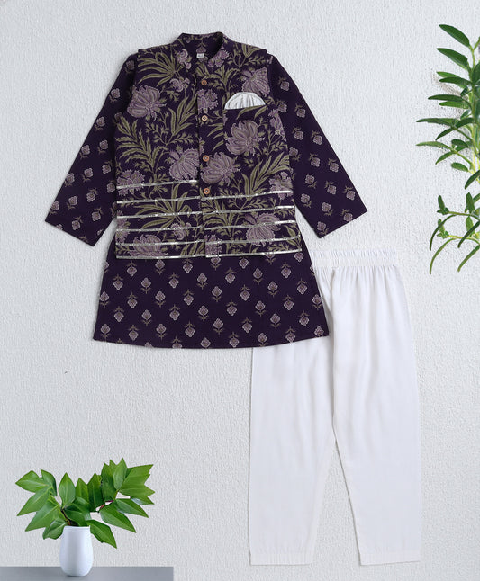 The Magic Wand Cambric Cotton Full Sleeves Bandhani Printed Kurta Pyjama With Lace Modi Jacket- Purple