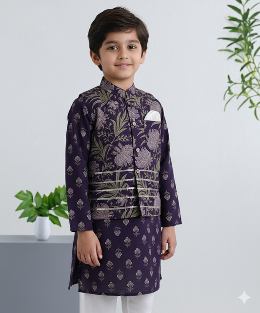 Cambric Cotton Full Sleeves Bandhani Printed Kurta Pyjama With Lace Modi Jacket- Purple
