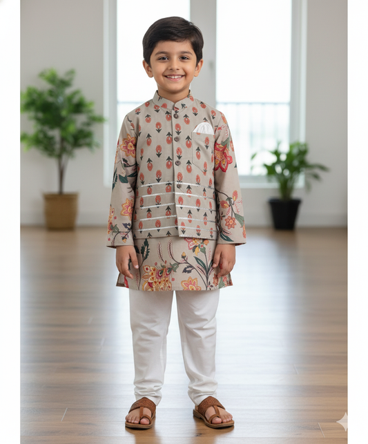 Cotton Full Sleeves Floral Lace  Printed Kurta Pyjama With Modi Jacket- Beige