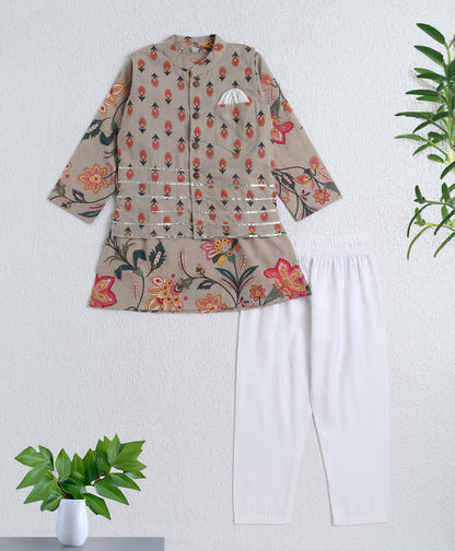 The Magic Wand Cambric Cotton Full Sleeves Floral Lace  Printed Kurta Pyjama With Modi Jacket For Boys- Beige