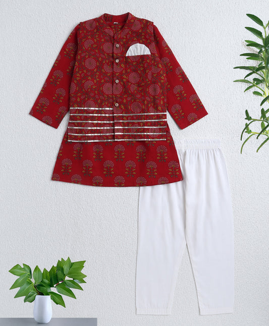 The Magic Wand Cambric Cotton Full Sleeves Floral Printed Kurta Pyjama With Lace  Modi Jacket- Maroon