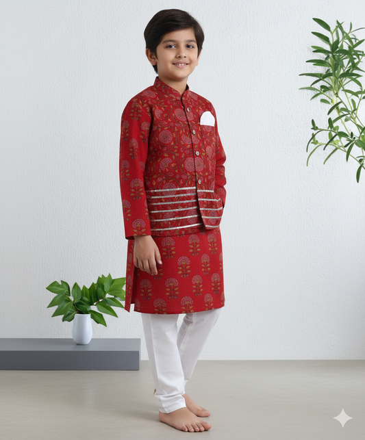 Cambric Cotton Full Sleeves Floral Printed Kurta Pyjama With Lace Modi Jacket- Maroon
