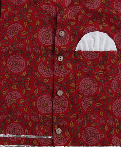 The Magic Wand Cambric Cotton Full Sleeves Floral Printed Kurta Pyjama With Lace  Modi Jacket- Maroon
