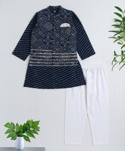 The Magic Wand Cambric Cotton Full Sleeves Floral Printed Kurta Pyjama With Lace   Modi Jacket- Navy Blue