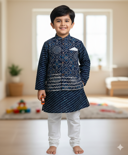 Cambric Cotton Full Sleeves Floral Printed Kurta Pyjama With Lace  Modi Jacket- Navy Blue