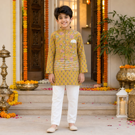 Woven Full Sleeves Floral Printed Kurta Pyjama with Jacket Set- Mustard