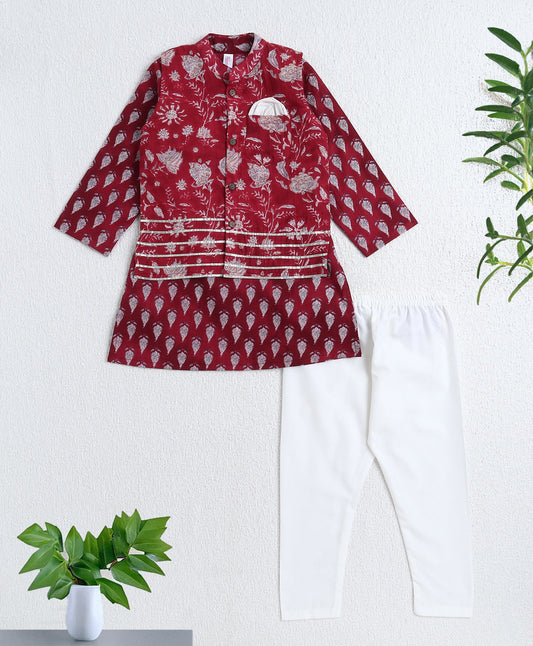 The-Magic-Wand-Cotton-Woven-Full-Sleeves-Floral-Printed-Kurta-&-Pyjama-with-Jacket-Set--Maroon