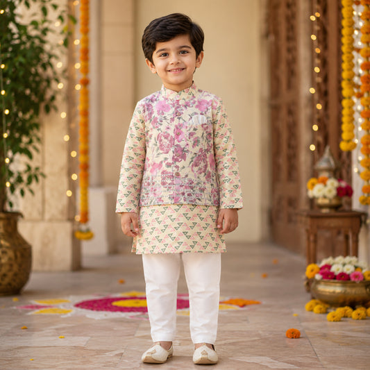 The Magic Wand Cotton Woven Full Sleeves Floral Printed Kurta & Pyjama with Jacket Set - Yellow