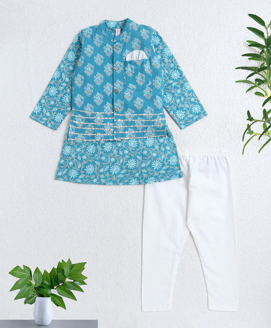 The-Magic-Wand-Cotton-Woven-Full-Sleeves-Floral-Printed-Kurta-&-Pyjama-with-Jacket-Set--Sea-Green