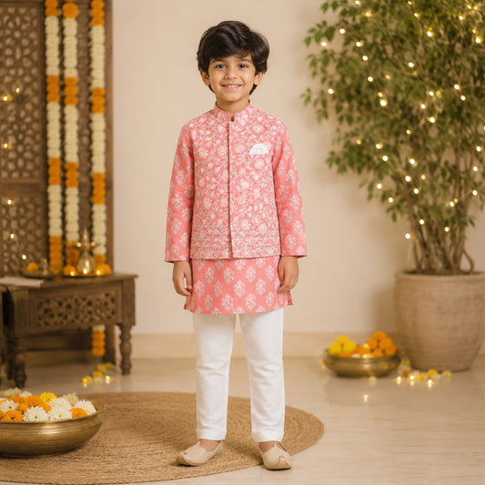 Cotton Woven Full Sleeves Floral Printed Kurta &amp; Pyjama with Jacket Set- Peach