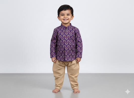 The Magic Wand Cotton Woven Full Sleeves AII Over Printed Short Kurta- Purple