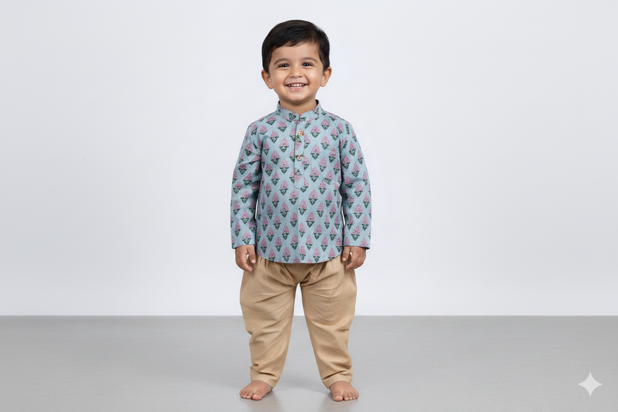 The Magic Wand Cotton Woven Full Sleeves AII Over Printed Short Kurta- Grey