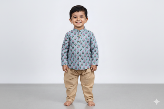 The Magic Wand Cotton Woven Full Sleeves AII Over Printed Short Kurta- Grey