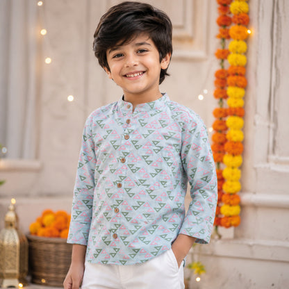 The Magic Wand Cotton Woven Full Sleeves AII Over Printed Short Kurta - Blue