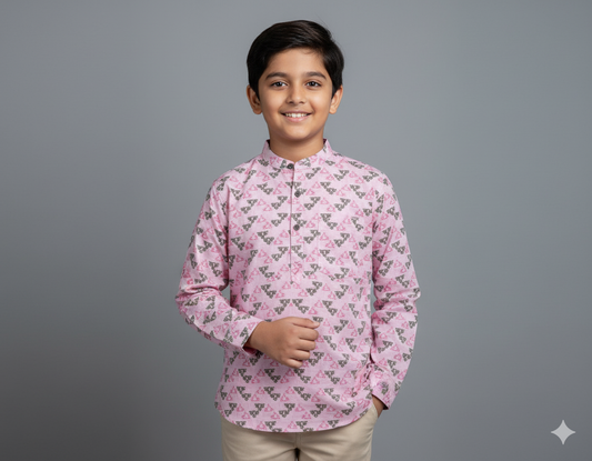 The Magic Wand Cotton Woven Full Sleeves AII Over Printed Short Kurta- Pink