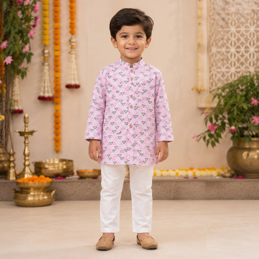 The Magic Wand Cotton Woven Full Sleeves AII Over Printed Short Kurta- Pink