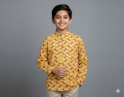 The Magic Wand Cotton Woven Full Sleeves AII Over Printed Short Kurta- Yellow
