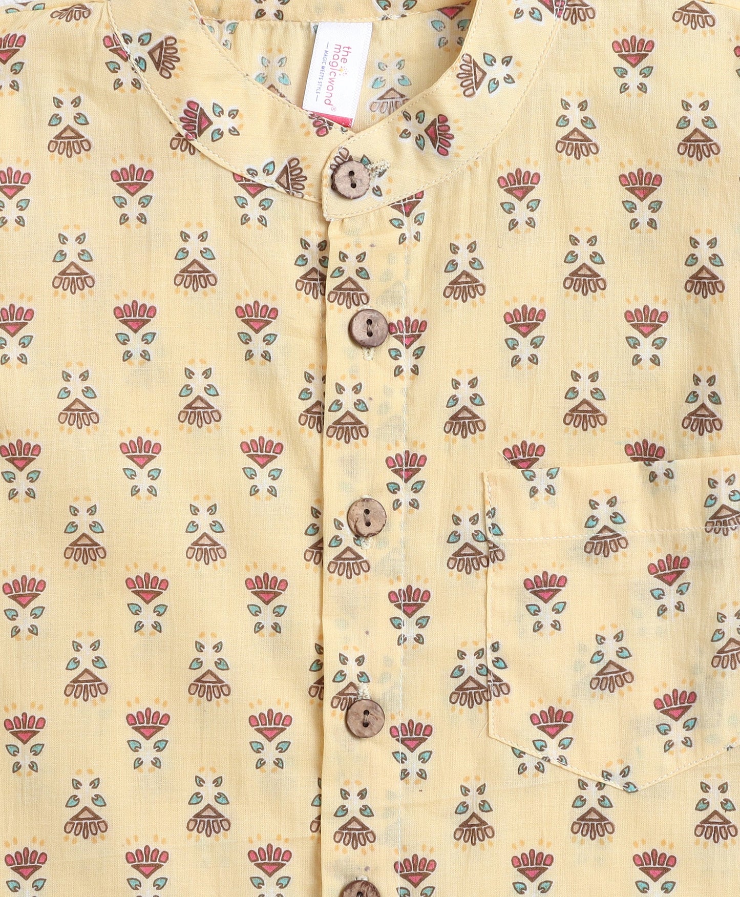 Cotton Woven Full Sleeves AII Over Printed Short Kurta- Yellow