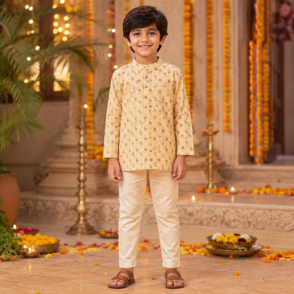 The Magic Wand Cotton Woven Full Sleeves AII Over Printed Short Kurta - Yellow