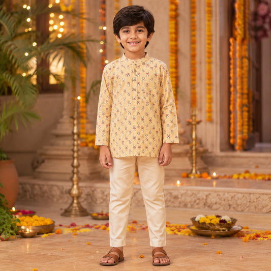 The Magic Wand Cotton Woven Full Sleeves AII Over Printed Short Kurta - Yellow