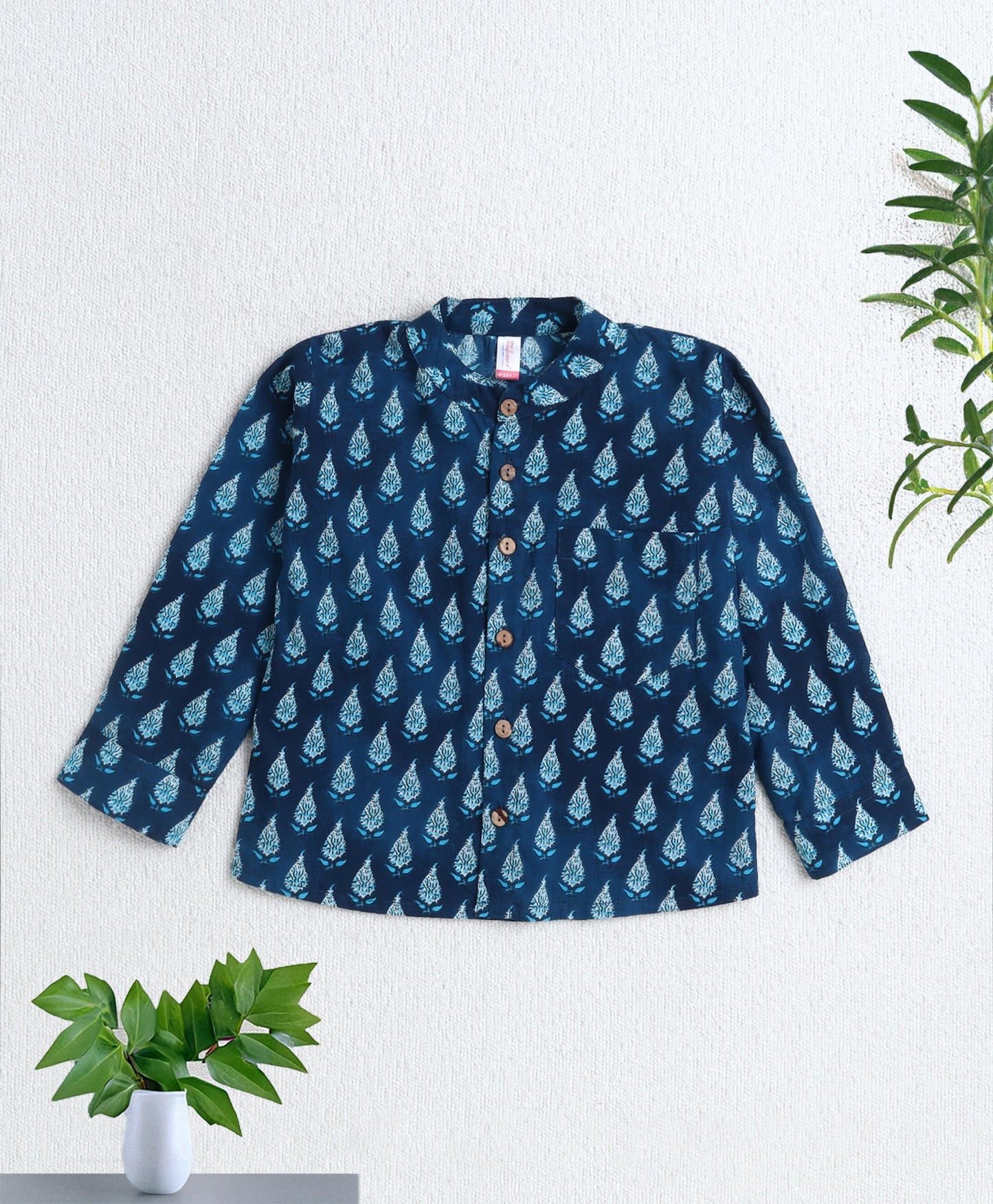 Cotton Woven Full Sleeves AII Over Printed Short Kurta- Navy Blue
