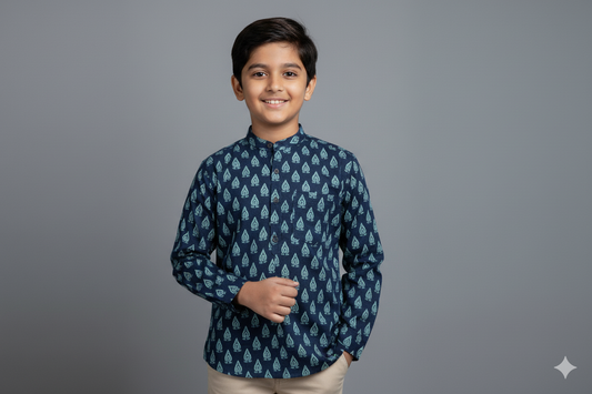 The Magic Wand Cotton Woven Full Sleeves AII Over Printed Short Kurta- Navy Blue