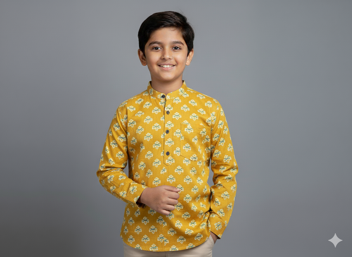 The Magic Wand Cotton Woven Full Sleeves AII Over Printed Short Kurta- Mustard