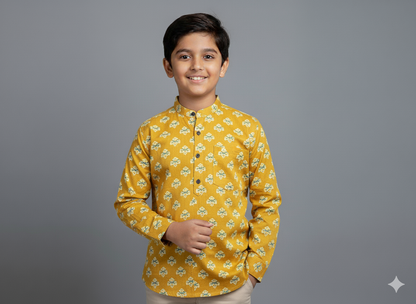 The Magic Wand Cotton Woven Full Sleeves AII Over Printed Short Kurta- Mustard
